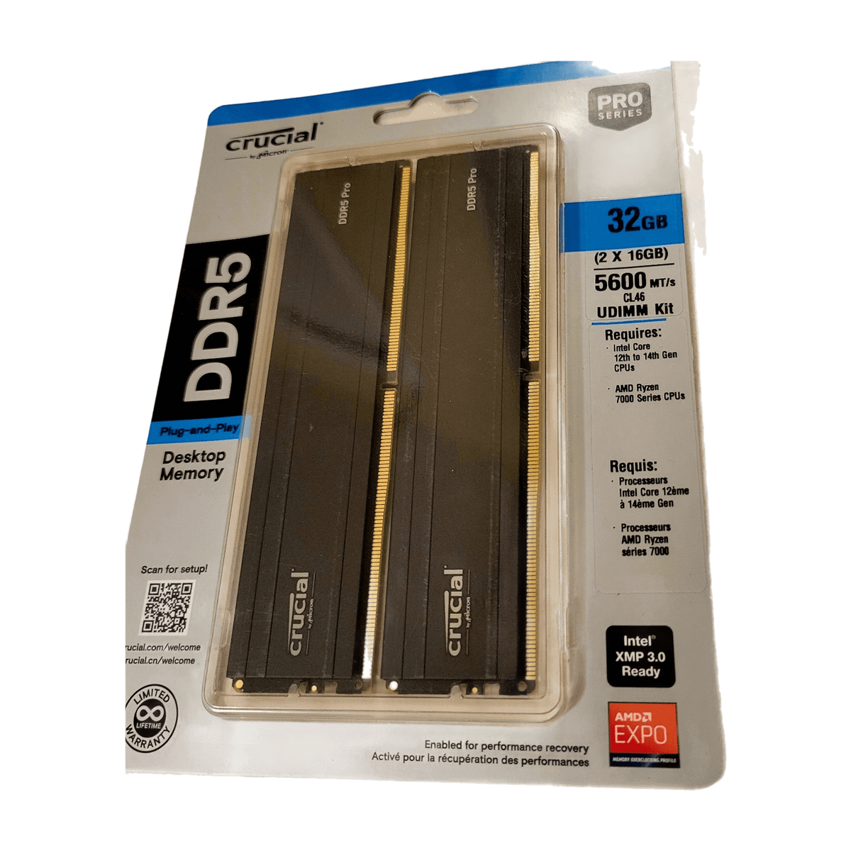 Crucial Pro DDR5 RAM 32GB Kit (2x16GB) 5600MHz CL46 XMP 3.0 & AMD Expo - Black — product photo