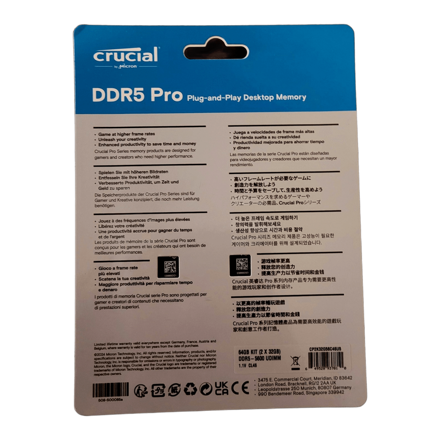 Crucial Pro DDR5 RAM 64GB Kit (2x32GB) 5600MHz CL46 XMP 3.0 & AMD Expo - Black — blister back / multilingual spec panel; Devino card