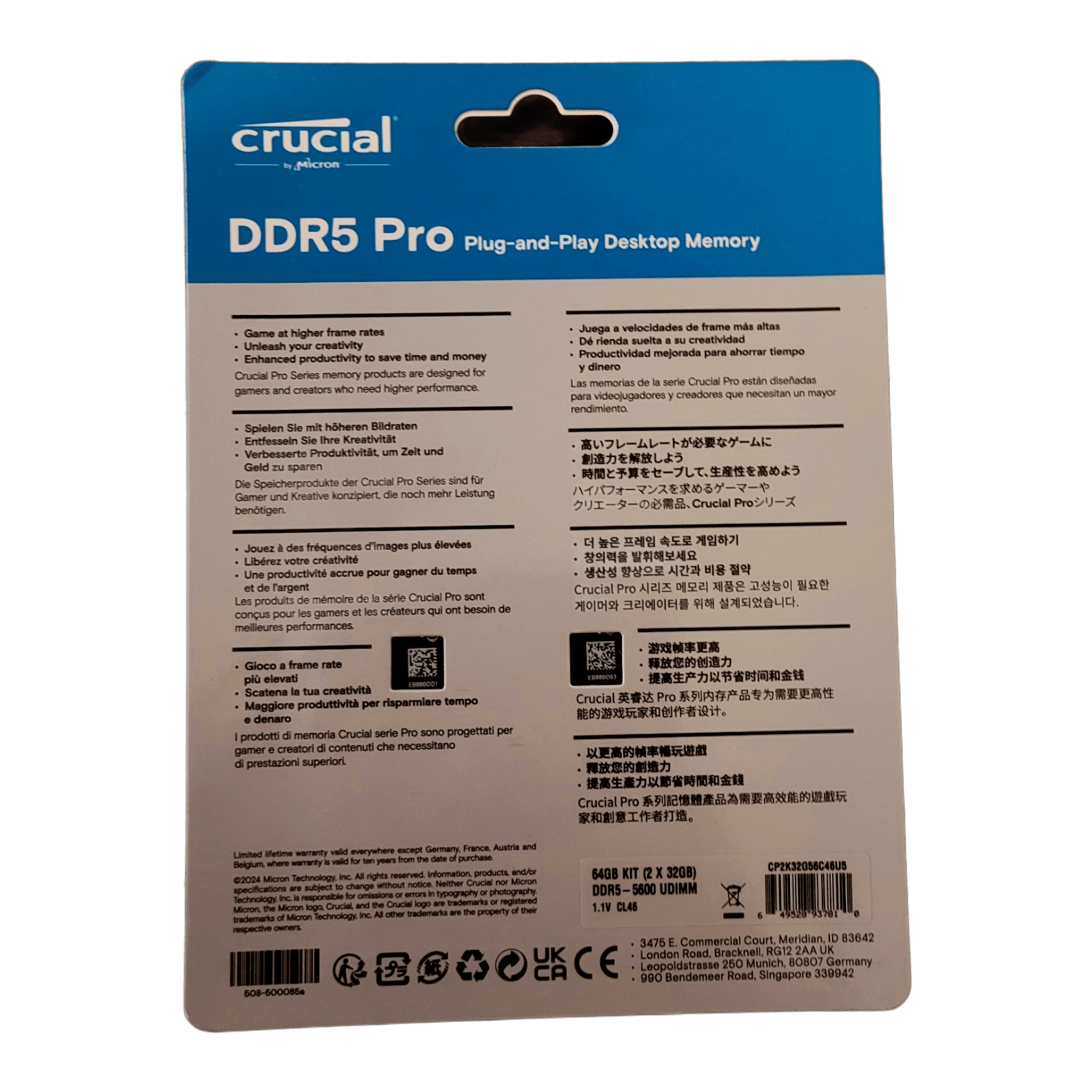 Crucial Pro DDR5 RAM 64GB Kit (2x32GB) 5600MHz CL46 XMP 3.0 & AMD Expo - Black — blister back / multilingual spec panel; Devino card