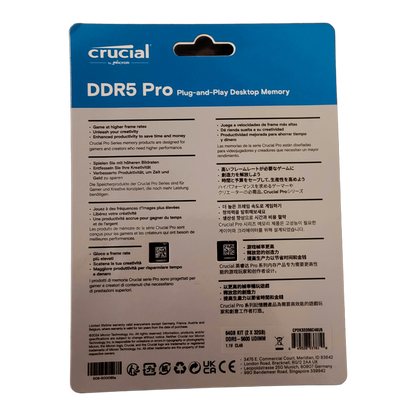 Crucial Pro DDR5 RAM 64GB Kit (2x32GB) 5600MHz CL46 XMP 3.0 & AMD Expo - Black — blister back / multilingual spec panel; Devino card