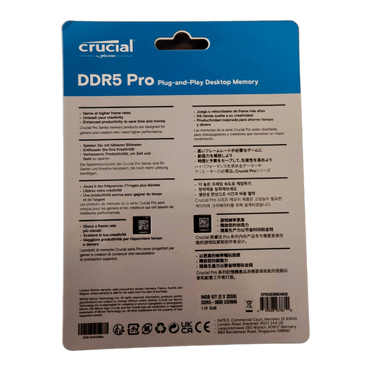 Crucial Pro DDR5 RAM 64GB Kit (2x32GB) 5600MHz CL46 XMP 3.0 & AMD Expo - Black — blister back / multilingual spec panel; Devino card