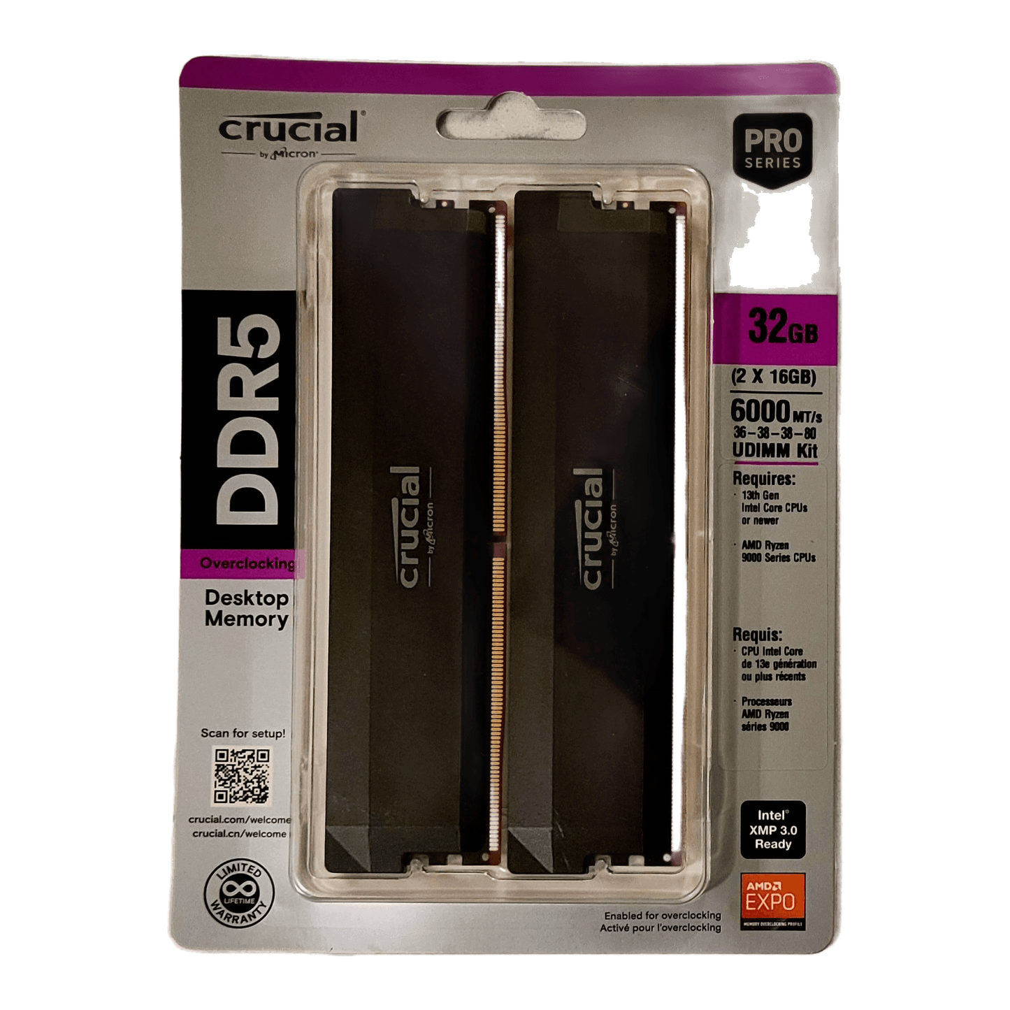 Crucial Pro OC DDR5 RAM 32GB Kit (2x16GB) 6000MHz CL36 XMP 3.0 & AMD Expo Black — product photo