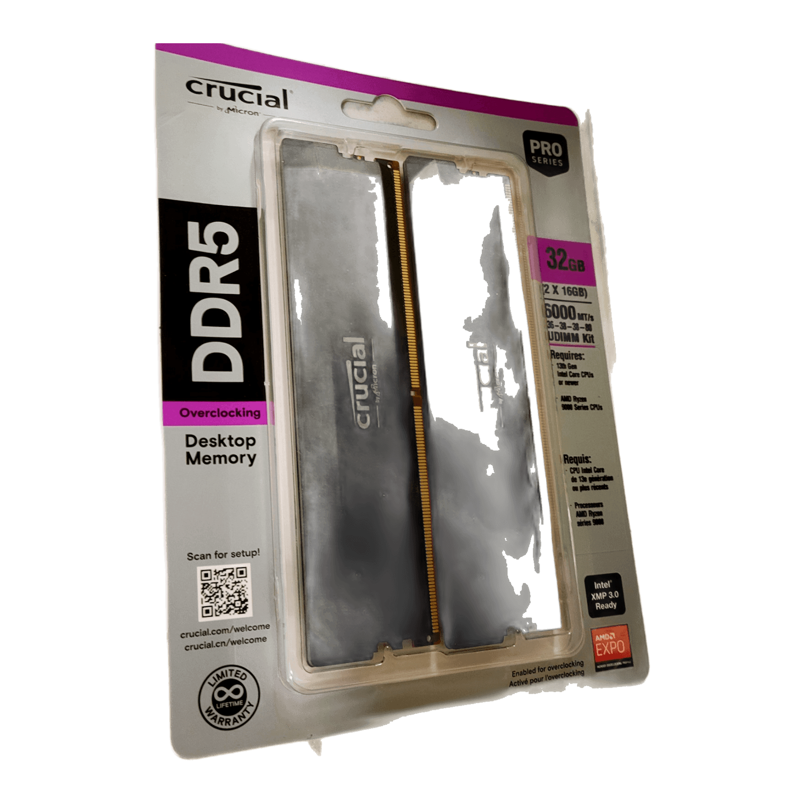 Crucial Pro OC DDR5 RAM 32GB Kit (2x16GB) 6000MHz CL36 XMP 3.0 & AMD Expo Black — blister front angled on marble; Devino card
