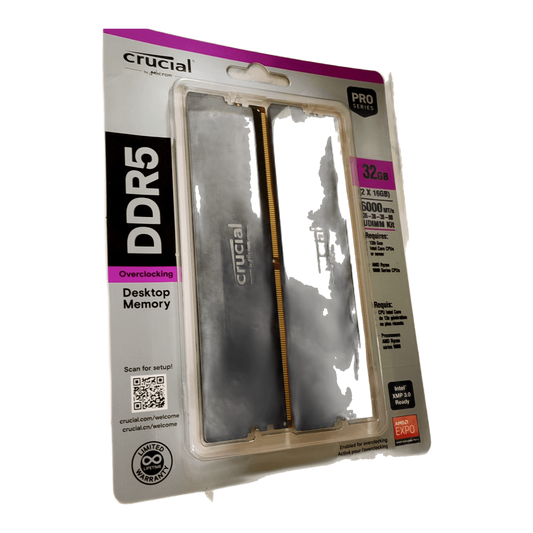 Crucial Pro OC DDR5 RAM 32GB Kit (2x16GB) 6000MHz CL36 XMP 3.0 & AMD Expo Black — blister front angled on marble; Devino card