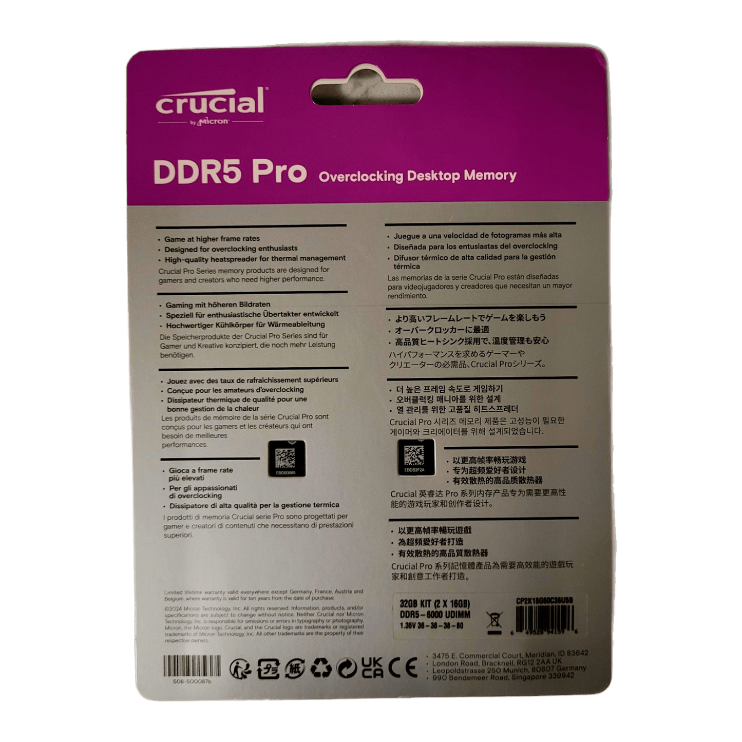 Crucial Pro OC DDR5 RAM 32GB Kit (2x16GB) 6000MHz CL36 XMP 3.0 & AMD Expo Black — blister back / spec panel (magenta Overclocking label); Devino card