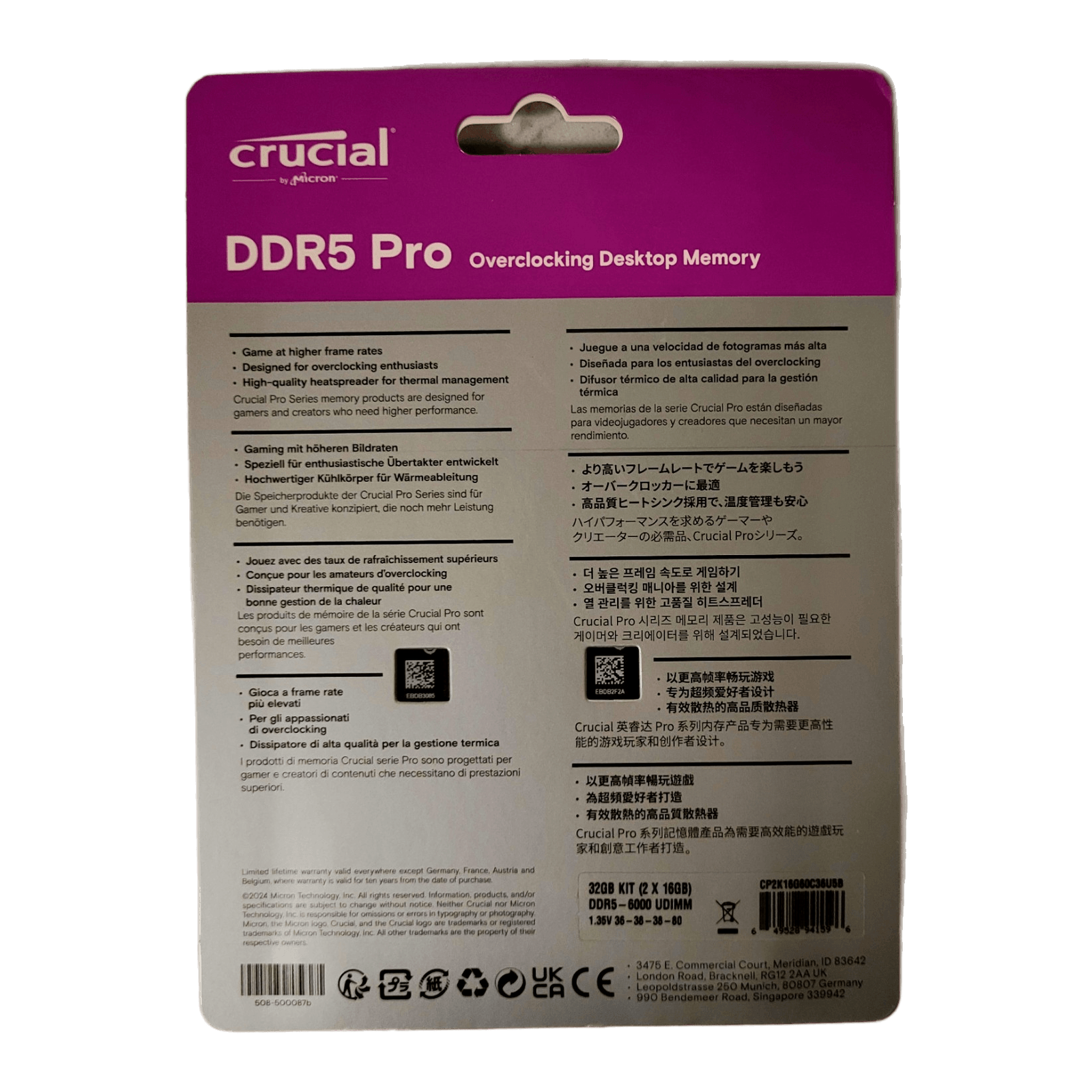 Crucial Pro OC DDR5 RAM 32GB Kit (2x16GB) 6000MHz CL36 XMP 3.0 & AMD Expo Black — blister back / spec panel (magenta Overclocking label); Devino card