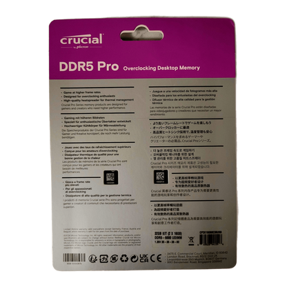 Crucial Pro OC DDR5 RAM 32GB Kit (2x16GB) 6000MHz CL36 XMP 3.0 & AMD Expo Black — blister back / spec panel (magenta Overclocking label); Devino card