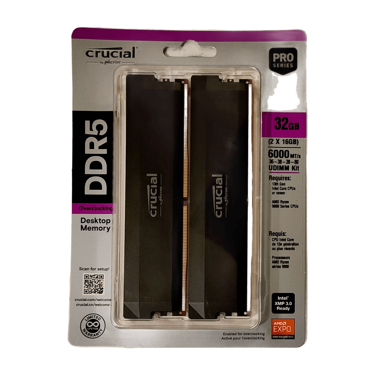Crucial Pro OC DDR5 RAM 32GB Kit (2x16GB) 6000MHz CL36 XMP 3.0 & AMD Expo Black — product photo