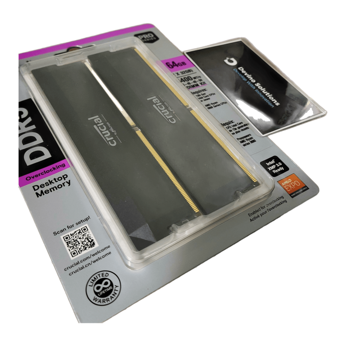 Crucial Pro OC DDR5 RAM 64GB Kit (2x32GB) 6400MHz CL40 XMP 3.0 & AMD Expo Black — blisters laid flat, modules visible through pack