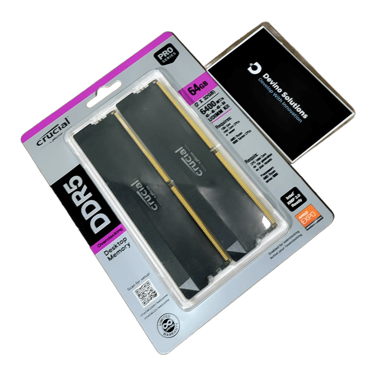 Crucial Pro OC DDR5 RAM 64GB Kit (2x32GB) 6400MHz CL40 XMP 3.0 & AMD Expo Black — two blisters angled w/ modules visible; Devino card