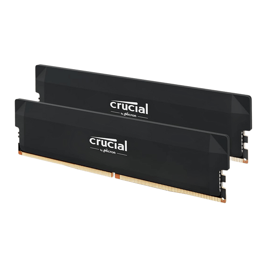 Crucial Pro OC DDR5 RAM 64GB Kit (2x32GB) 6400MHz CL40 XMP 3.0 & AMD Expo Black — clean manufacturer render of the two black modules, no text overlay