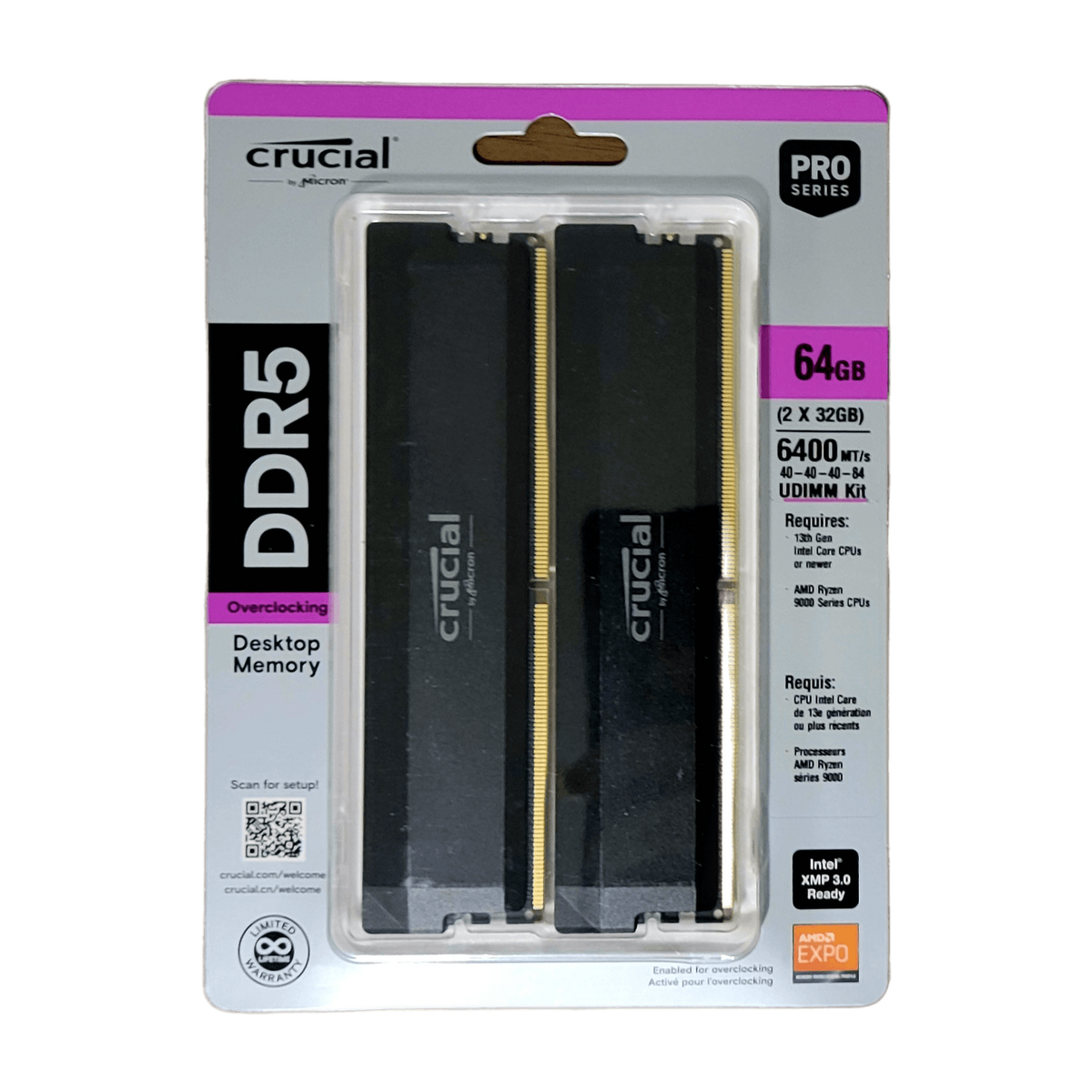 Crucial Pro OC DDR5 RAM 64GB Kit (2x32GB) 6400MHz CL40 XMP 3.0 & AMD Expo Black — product photo