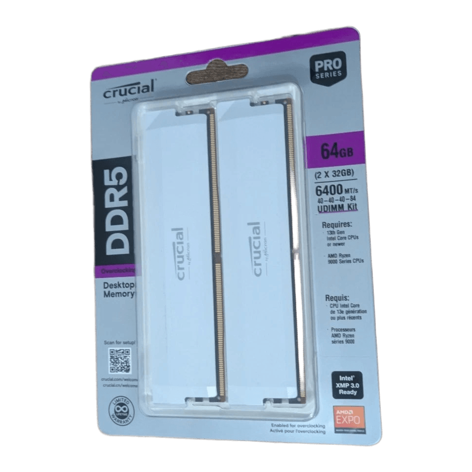 Crucial Pro OC DDR5 RAM 64GB Kit (2x32GB) 6400MHz CL40 XMP 3.0 & AMD Expo White — authentic clean blister front; DDR5 Pro 64GB (2x32GB) 6400 CL40 (40-40-40-84) UDIMM model legible; XMP/EXPO badges