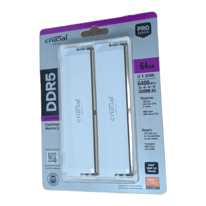 Crucial Pro OC DDR5 RAM 64GB Kit (2x32GB) 6400MHz CL40 XMP 3.0 & AMD Expo White — authentic clean blister front; DDR5 Pro 64GB (2x32GB) 6400 CL40 (40-40-40-84) UDIMM model legible; XMP/EXPO badges