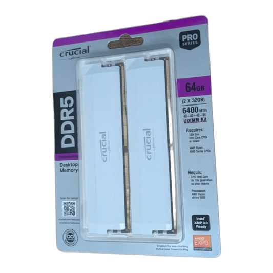 Crucial Pro OC DDR5 RAM 64GB Kit (2x32GB) 6400MHz CL40 XMP 3.0 & AMD Expo White — authentic clean blister front; DDR5 Pro 64GB (2x32GB) 6400 CL40 (40-40-40-84) UDIMM model legible; XMP/EXPO badges