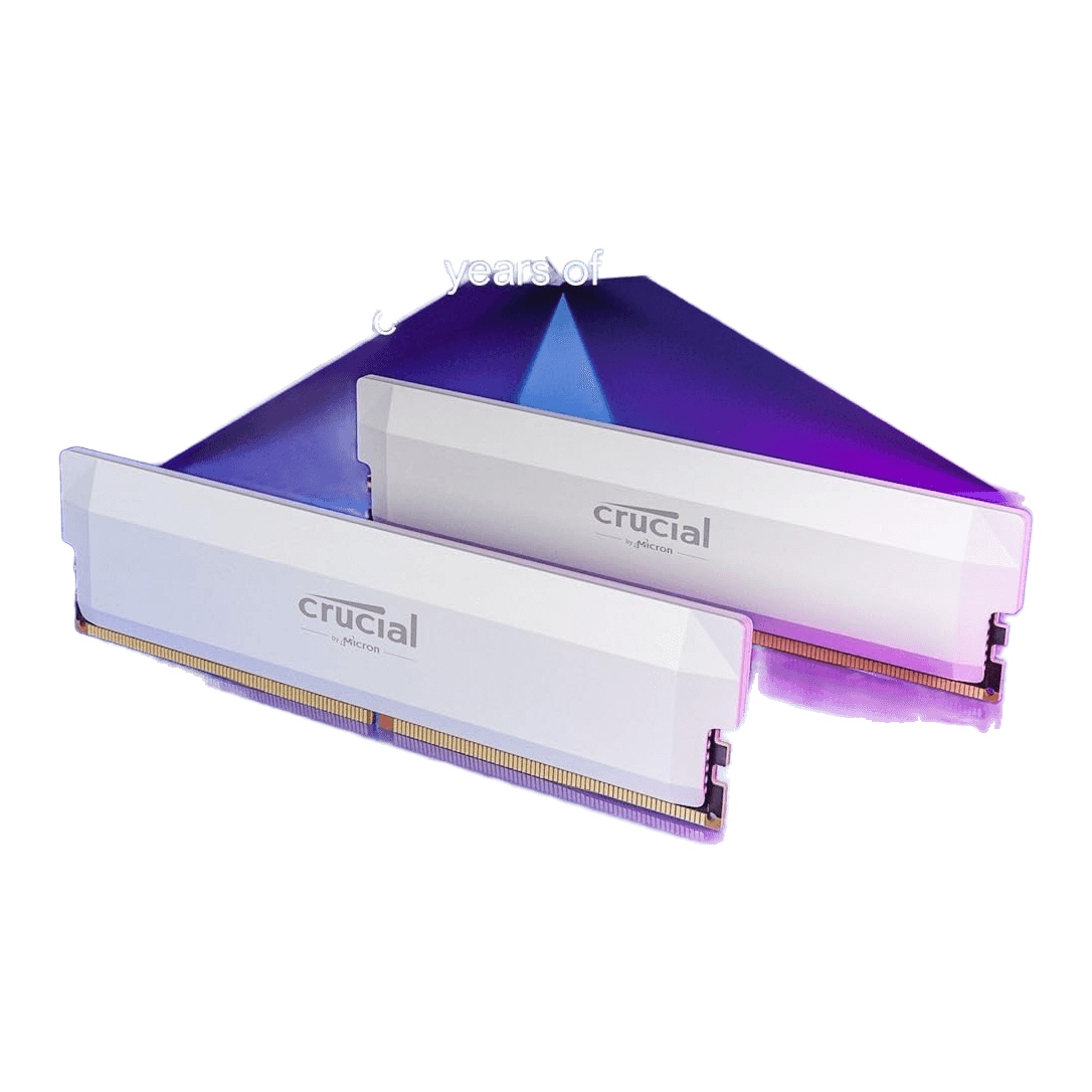 Crucial Pro OC DDR5 RAM 64GB Kit (2x32GB) 6400MHz CL40 XMP 3.0 & AMD Expo White — Crucial mfr infographic; product shown; two white sticks render 'Quality and reliability / 45 years'
