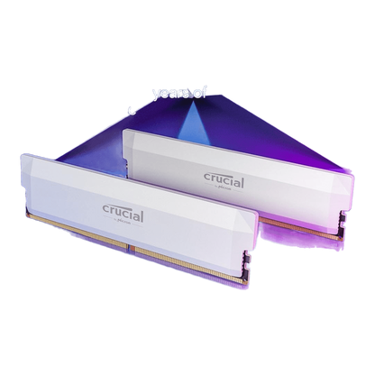 Crucial Pro OC DDR5 RAM 64GB Kit (2x32GB) 6400MHz CL40 XMP 3.0 & AMD Expo White — Crucial mfr infographic; product shown; two white sticks render 'Quality and reliability / 45 years'