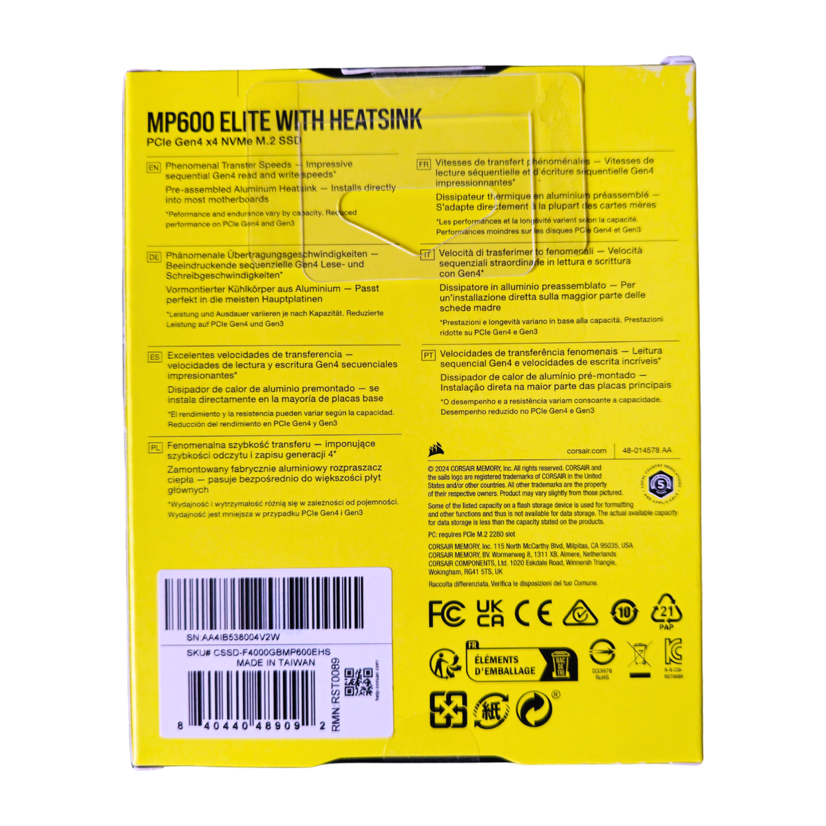 Corsair MP600 ELITE 4TB PCIe Gen4 NVMe SSD with Heatsink — retail box, back