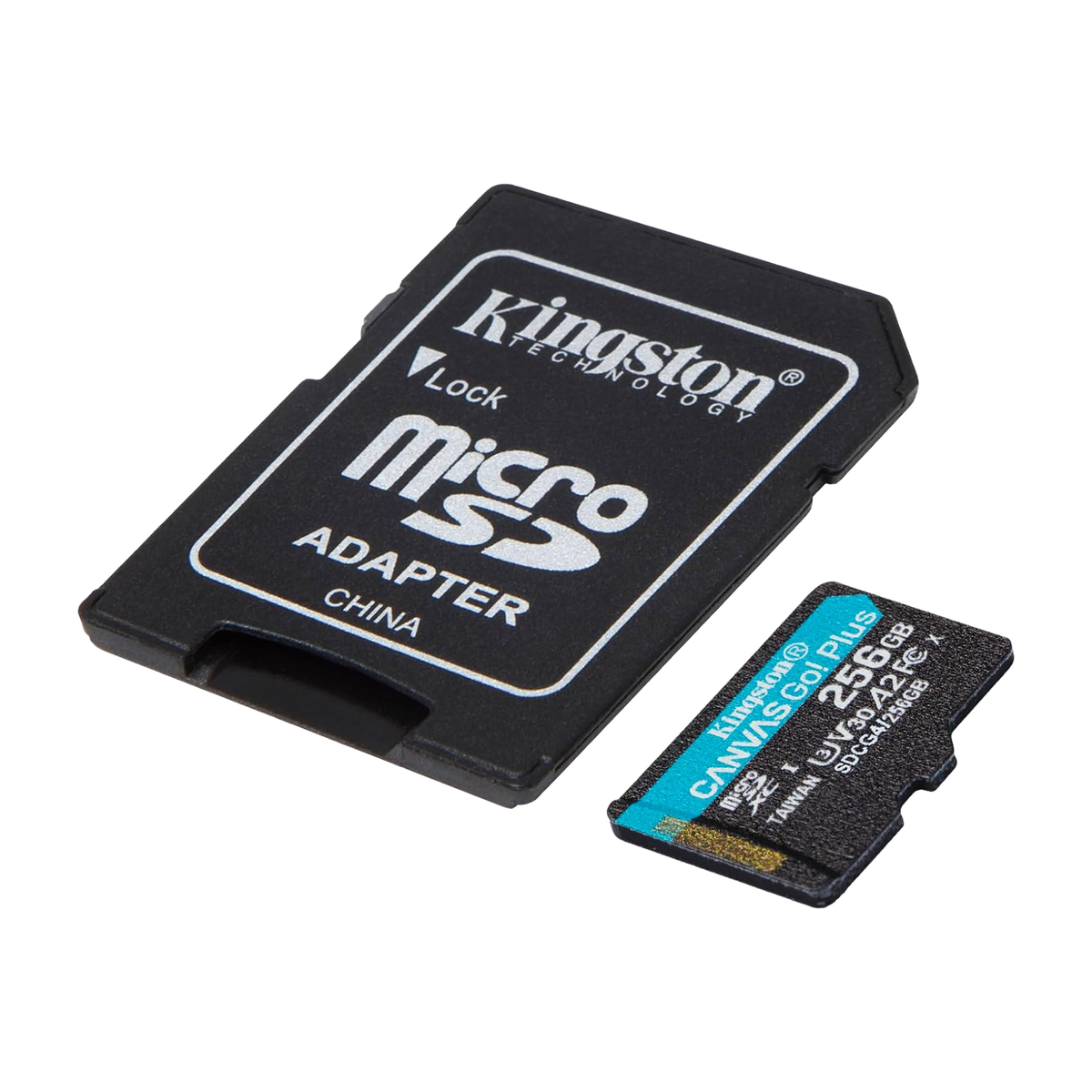 Kingston Canvas Go! Plus 256GB microSDXC Memory Card — card and SD adapter, angled view