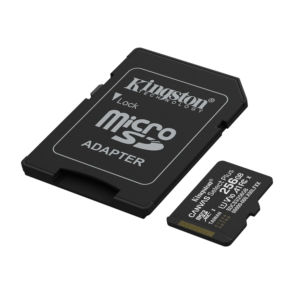 Kingston Canvas Select Plus 256GB microSDXC Memory Card — card and SD adapter, angled view