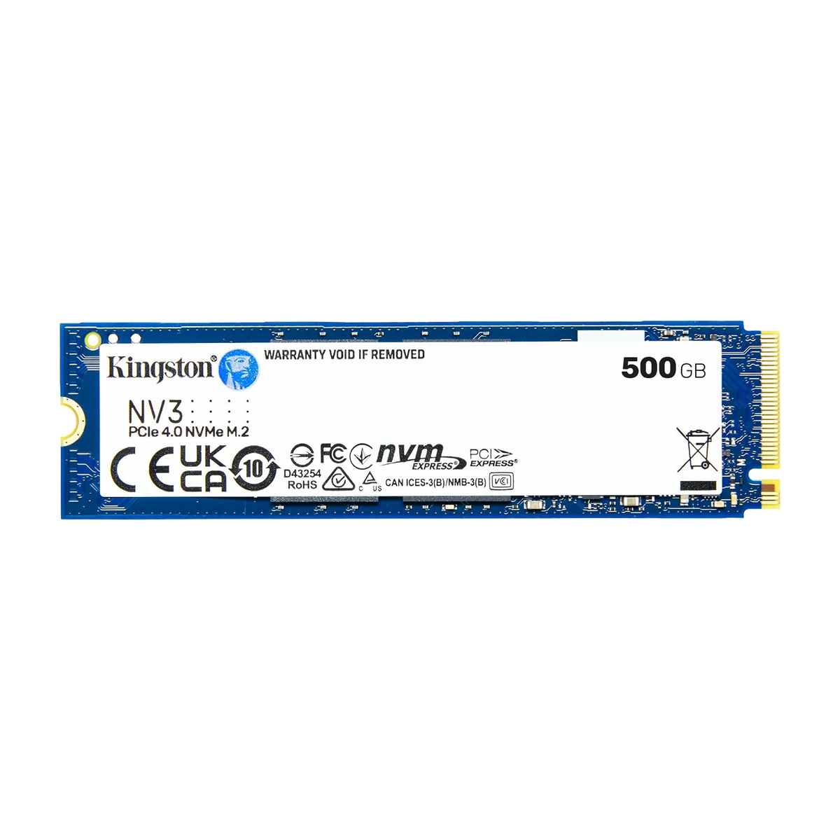 Kingston NV3 500GB PCIe 4.0 NVMe M.2 Internal SSD — front label, flat view