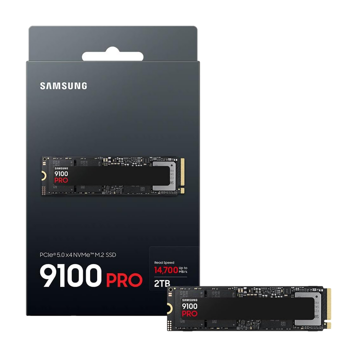 Samsung 9100 PRO 2TB NVMe PCIe 5.0 SSD — retail box and drive, 2TB