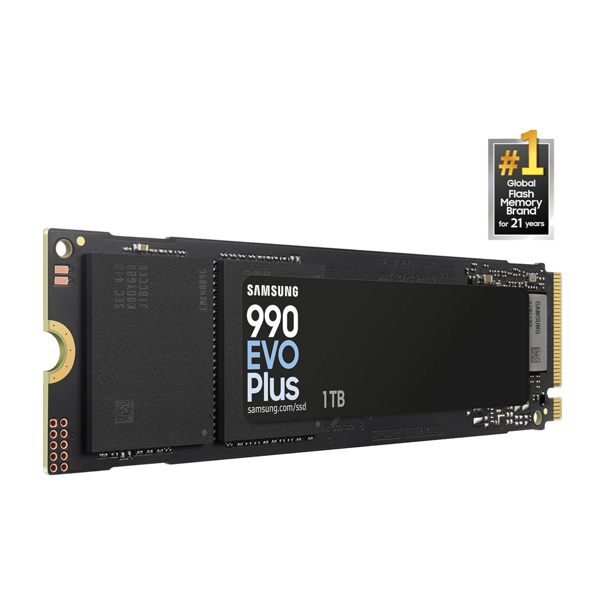 Samsung 990 EVO Plus 1TB NVMe PCIe SSD — angled product render, 1TB label