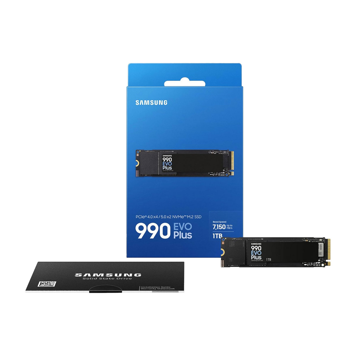 Samsung 990 EVO Plus 1TB NVMe PCIe SSD — retail box, drive and installation guide, 1TB