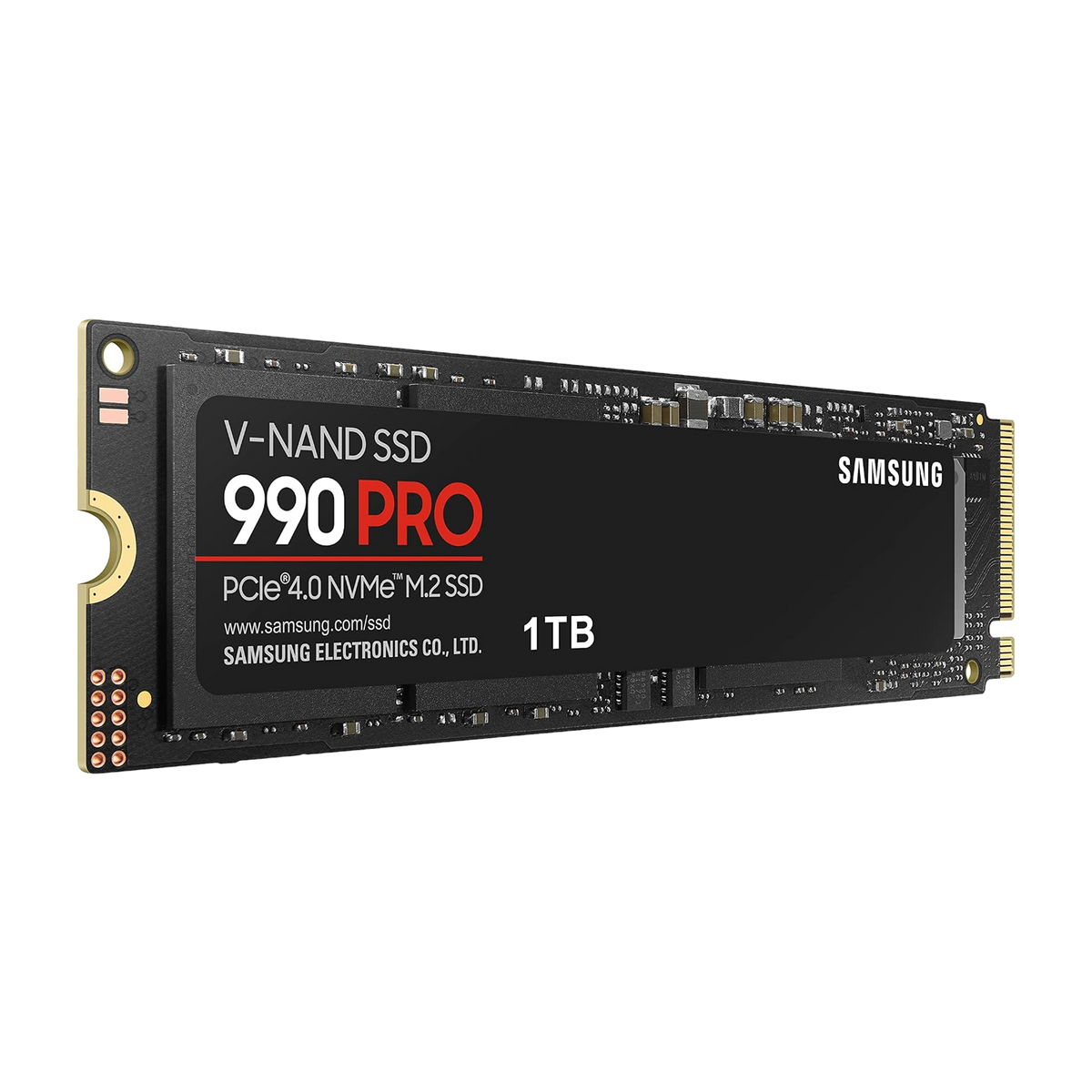Samsung 990 PRO 1TB NVMe PCIe 4.0 SSD — angled product render, 1TB label
