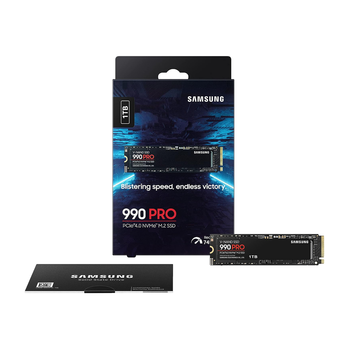 Samsung 990 PRO 1TB NVMe PCIe 4.0 SSD — retail box, drive and installation guide