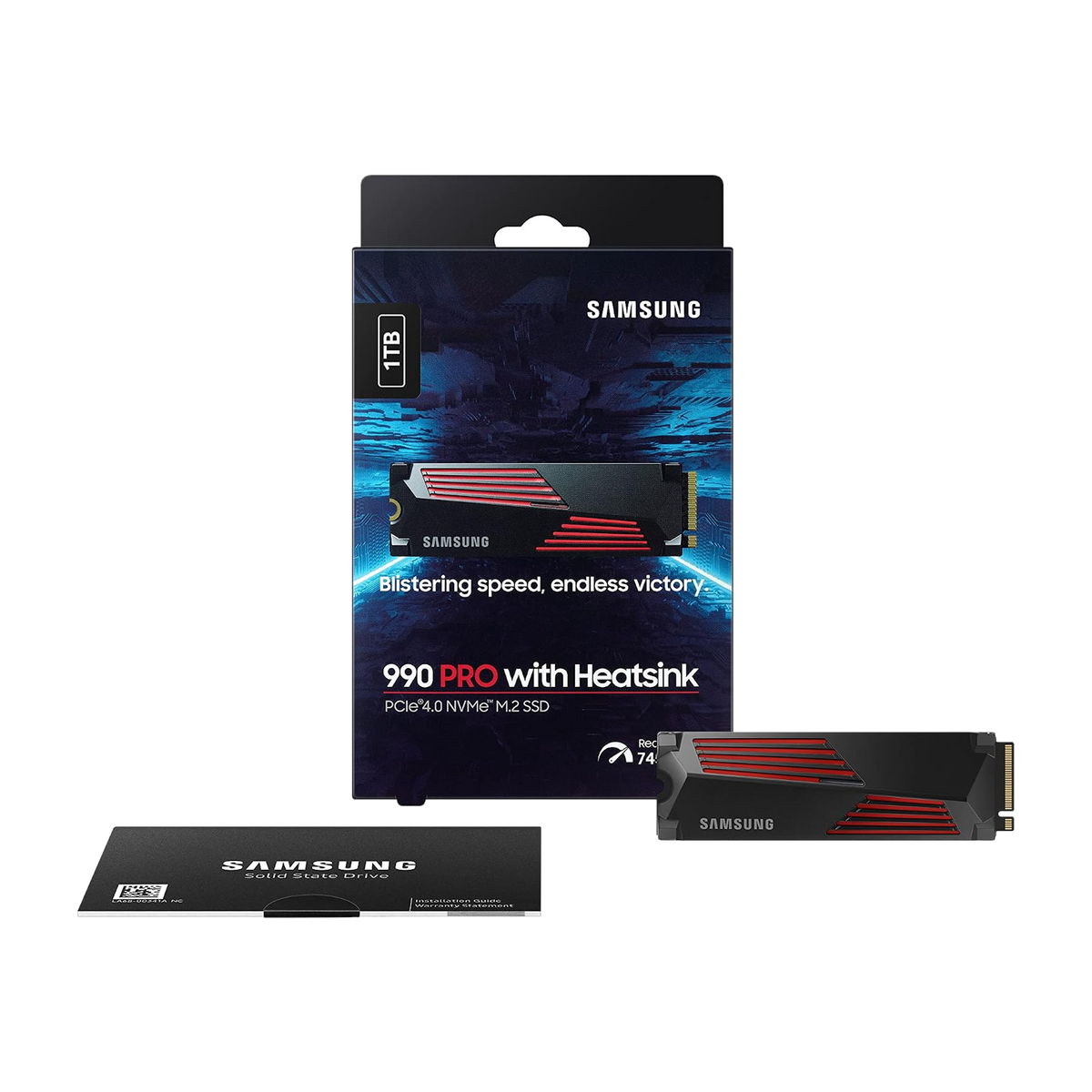 Samsung 990 PRO 1TB NVMe PCIe 4.0 SSD with Heatsink — retail box, heatsink drive and installation guide