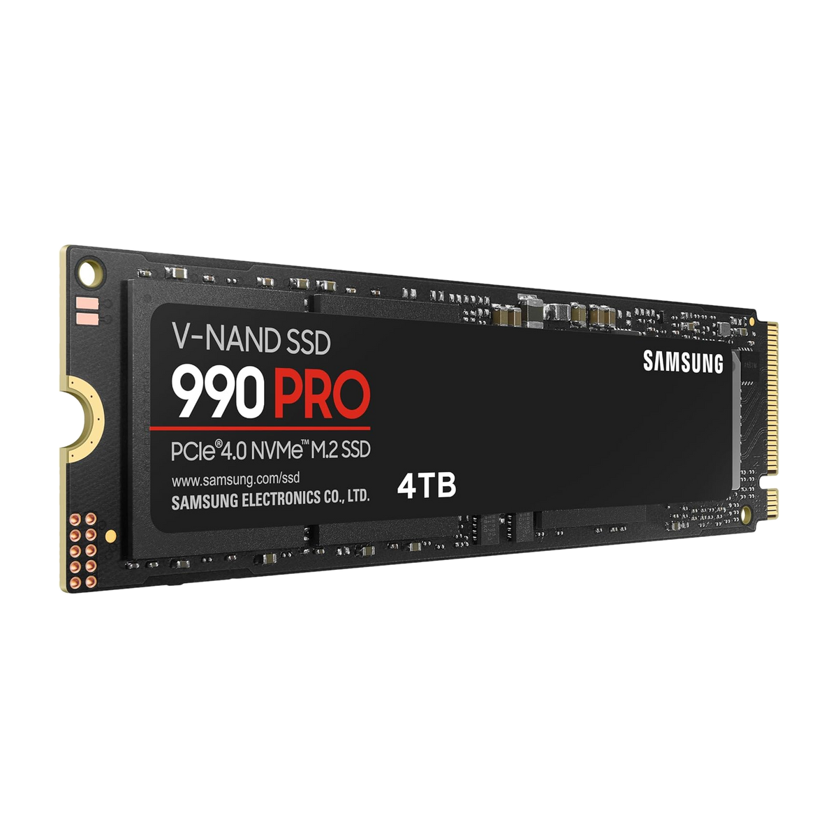 Samsung 990 PRO 4TB NVMe PCIe 4.0 SSD — angled product render, 4TB label