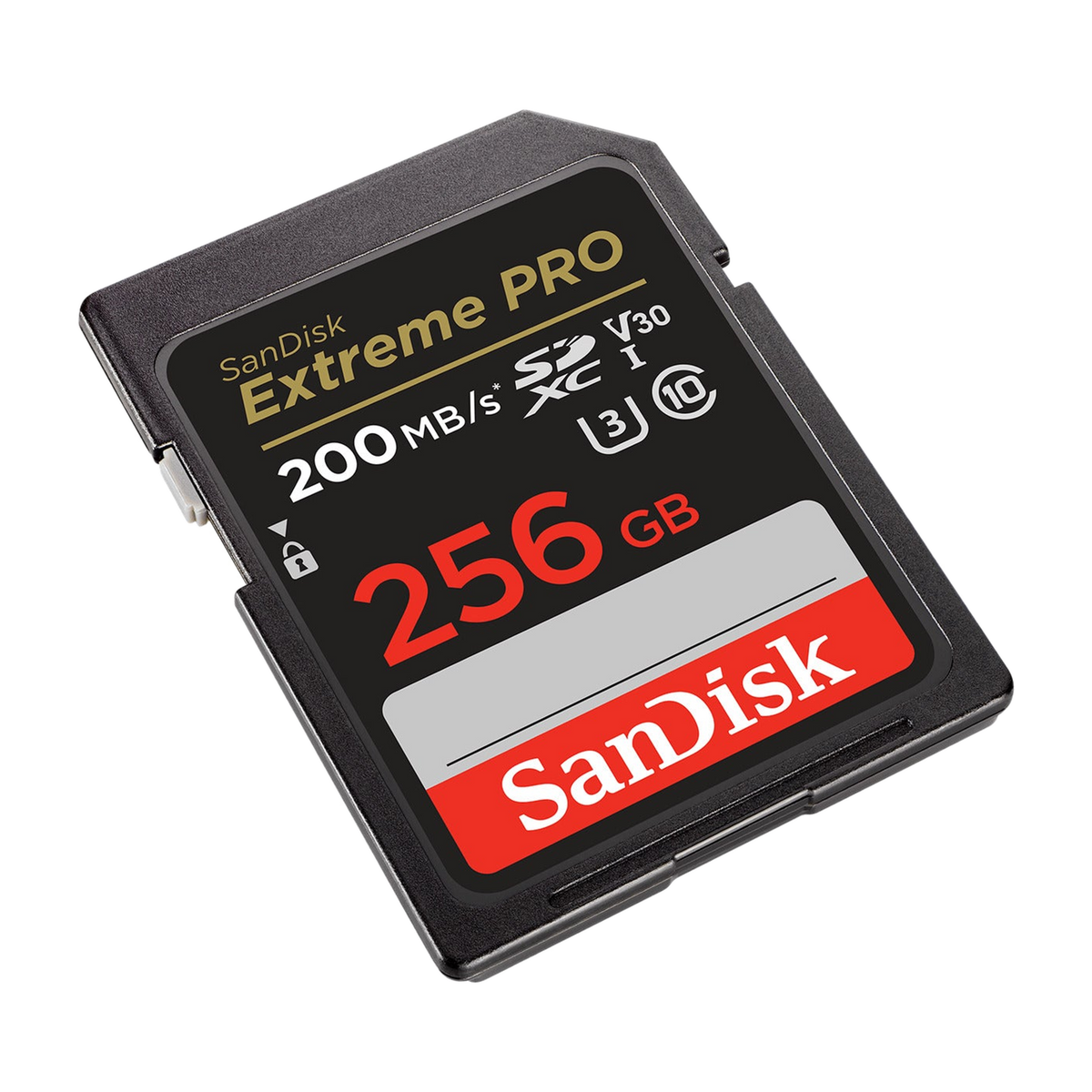 SanDisk Extreme PRO 256GB SDXC UHS-I Memory Card (200MB/s) — angled left view