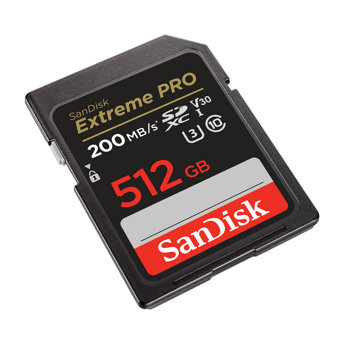 SanDisk Extreme PRO 512GB SDXC UHS-I Memory Card (200MB/s) — angled left view