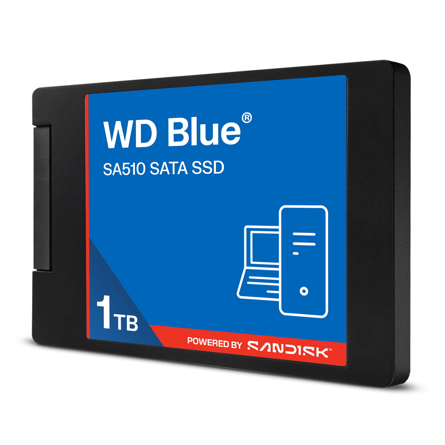WD Blue SA510 1TB SATA SSD — angled view of the 2.5-inch drive showing the 1TB label
