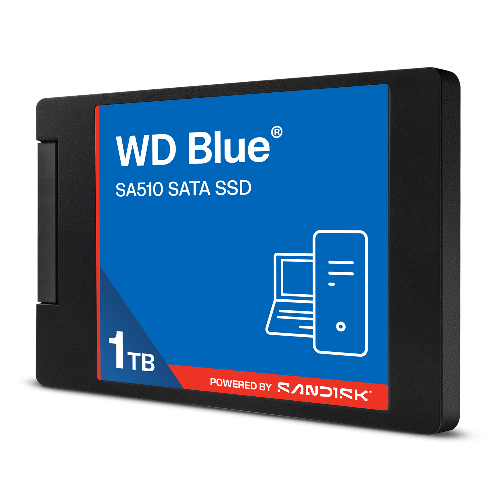 WD Blue SA510 1TB SATA SSD — angled view of the 2.5-inch drive showing the 1TB label