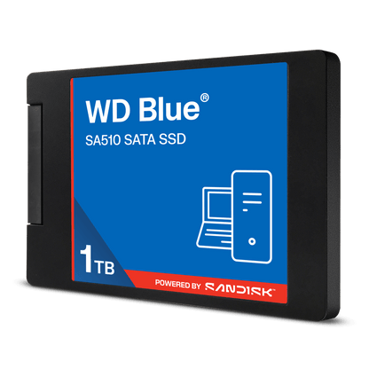 WD Blue SA510 1TB SATA SSD — angled view of the 2.5-inch drive showing the 1TB label