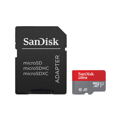SanDisk Ultra 64GB microSDXC A1 UHS-I + Adapter — card with the included SD adapter