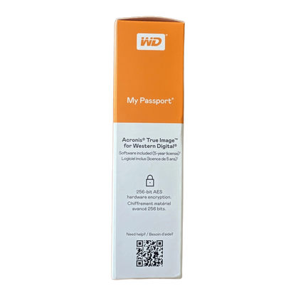 WD 5TB My Passport Portable External Hard Drive HDD WDBPKJ0050BBK-WESN SEALED — box side panel; Acronis True Image + 256-bit AES encryption specs