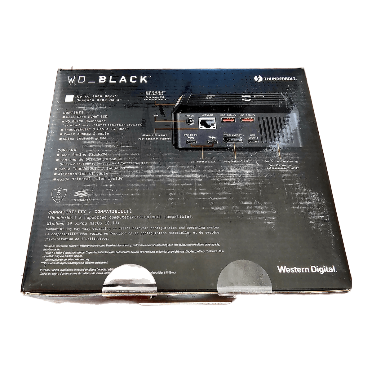 WD_BLACK D50 RGB Game Dock Laptops Desktops Up To 2TB NVMe SSD Thunderbolt 3 — retail box BACK specs/compatibility panel; Devino card minor corner (has-card-corner)