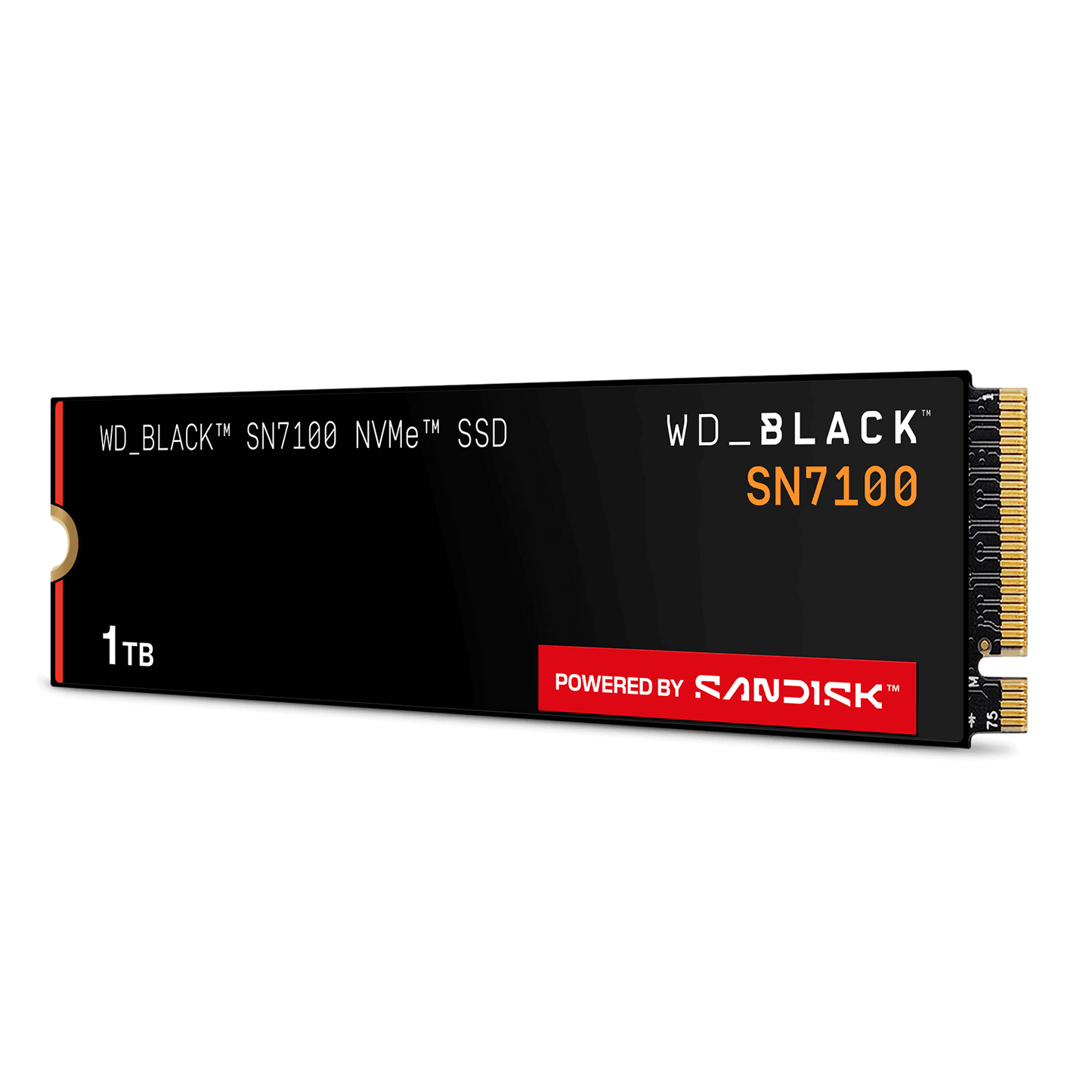 WD_BLACK SN7100 1TB NVMe SSD — angled view showing the 1TB label and M.2 connector