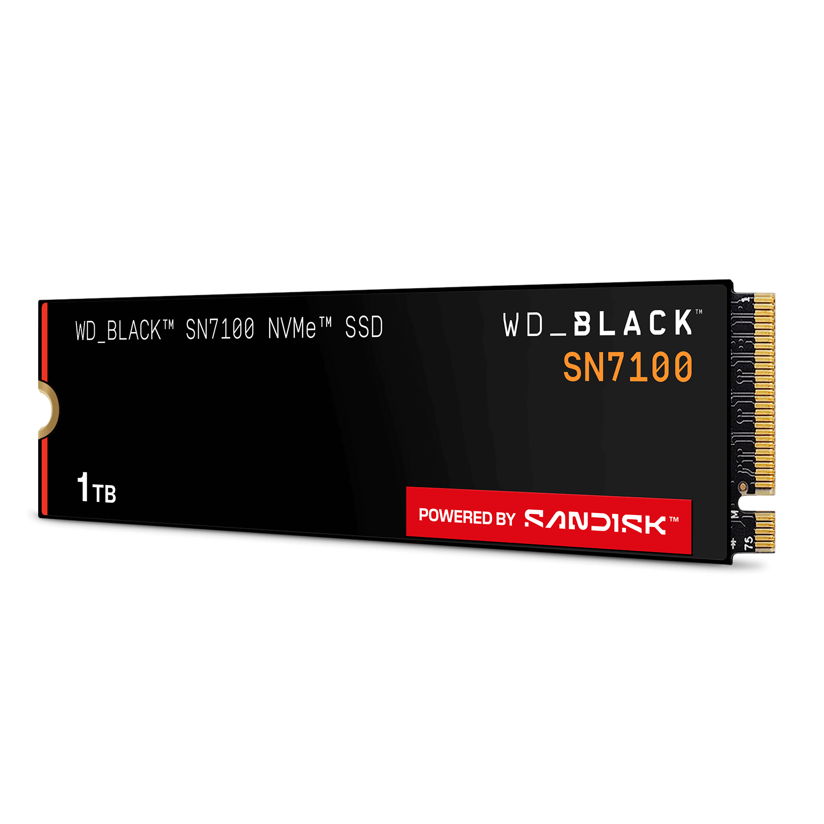 WD_BLACK SN7100 1TB NVMe SSD — angled view showing the 1TB label and M.2 connector