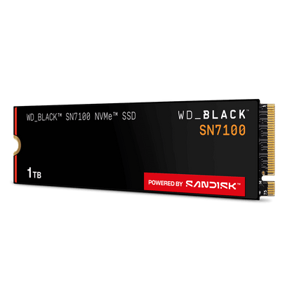 WD_BLACK SN7100 1TB NVMe SSD — angled view showing the 1TB label and M.2 connector