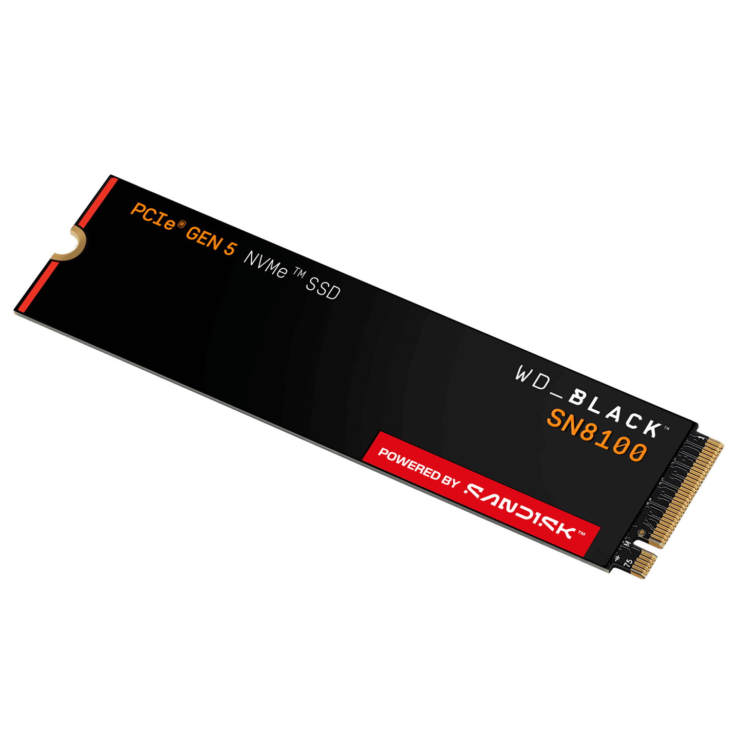WD_BLACK SN8100 1TB NVMe SSD (PCIe Gen5) — angled view of the bare drive and M.2 connector