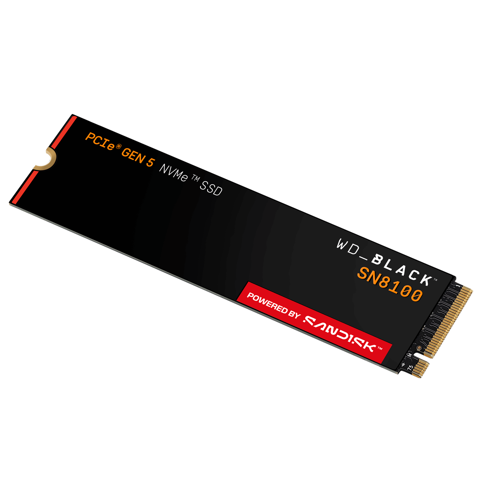 WD_BLACK SN8100 1TB NVMe SSD (PCIe Gen5) — angled view of the bare drive and M.2 connector
