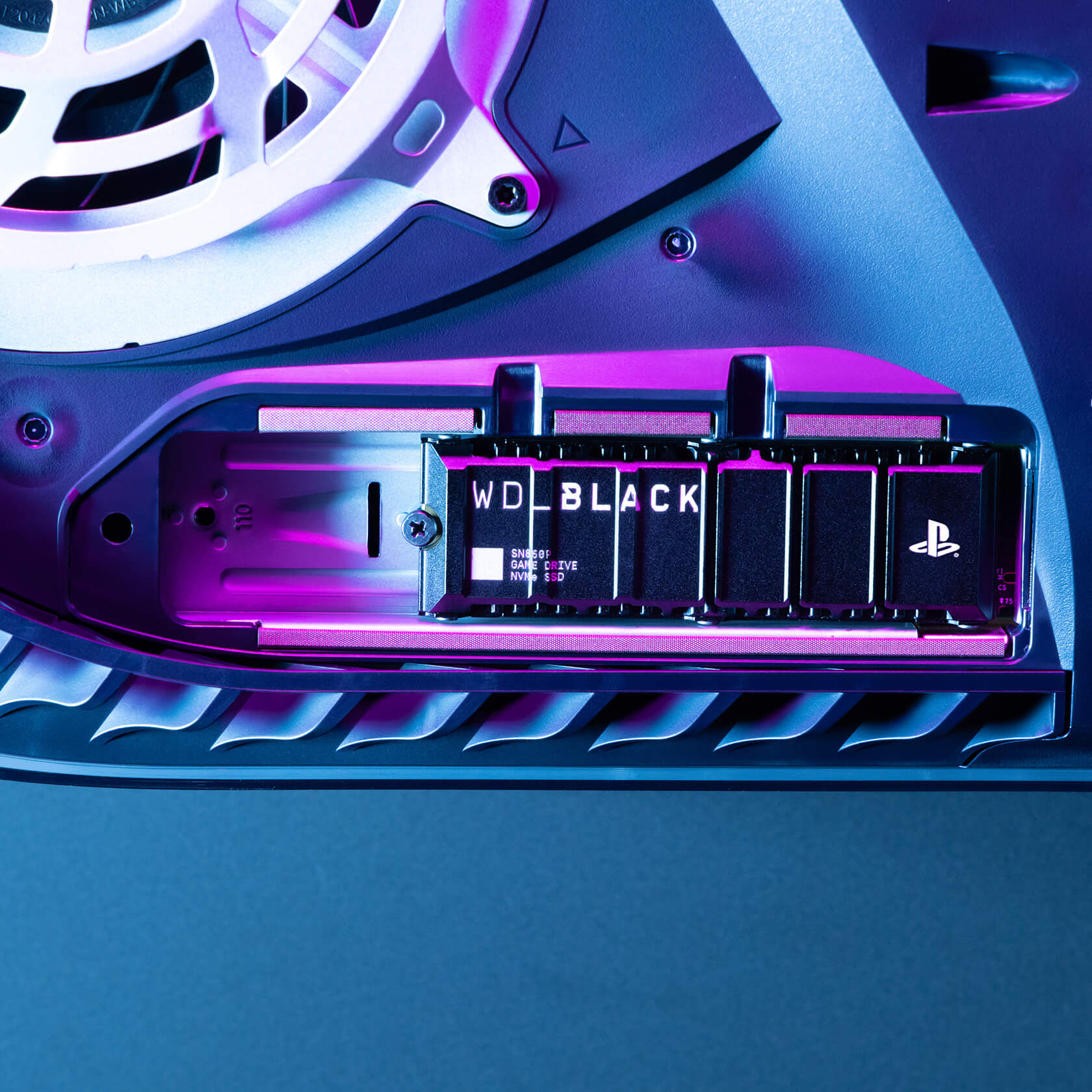 WD_BLACK SN850P PCIe Gen4 NVMe SSD for PS5 (Heatsink) — seated in the PS5 M.2 expansion slot