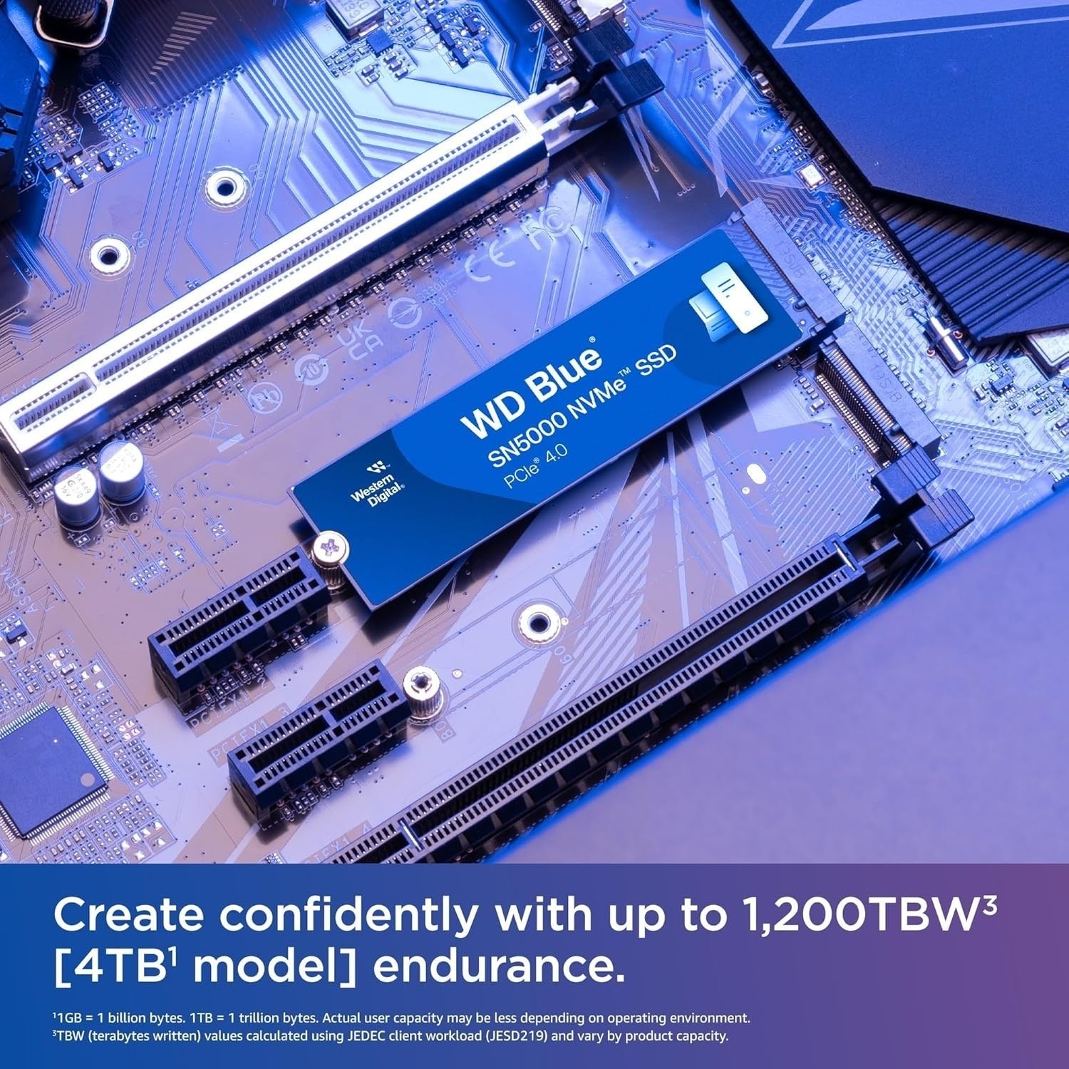 WD Blue SN5000 4TB NVMe SSD — installed on motherboard, up to 1,200 TBW endurance