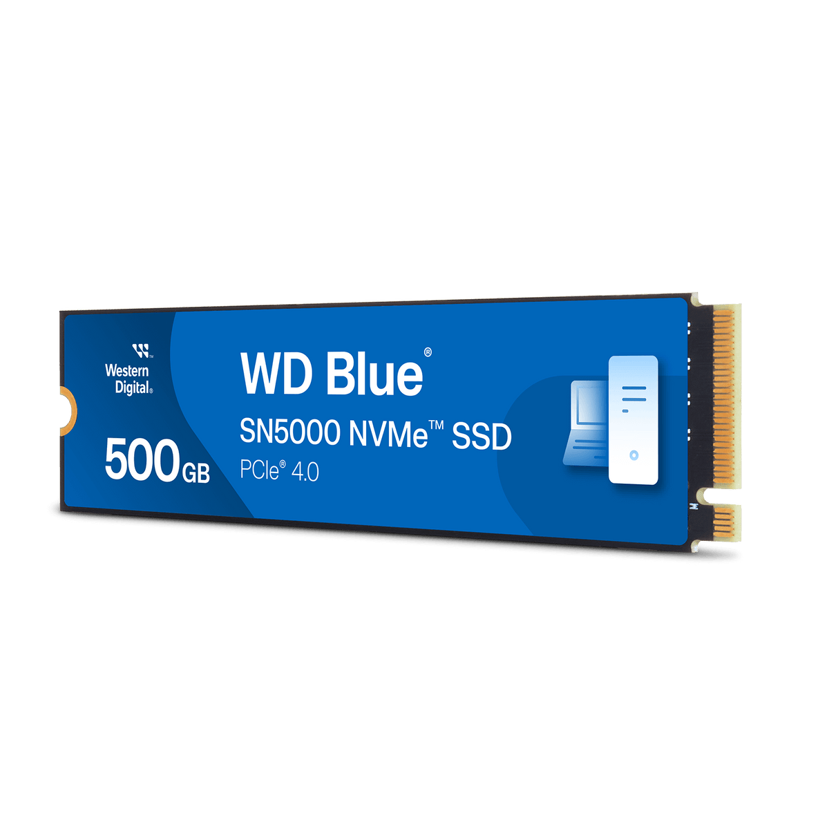 WD Blue SN5000 500GB NVMe PCIe 4.0 SSD — angled view showing the 500GB label and M.2 connector