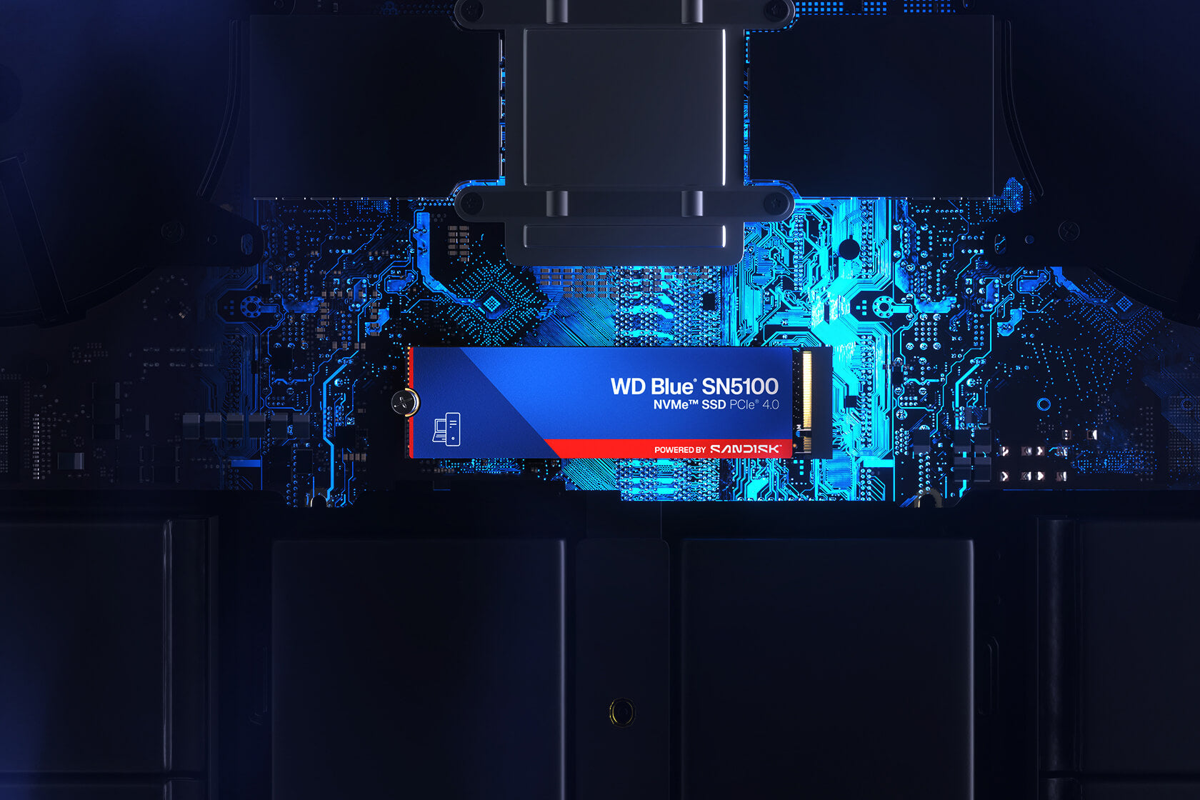 WD Blue SN5100 1TB NVMe SSD — seated on a motherboard